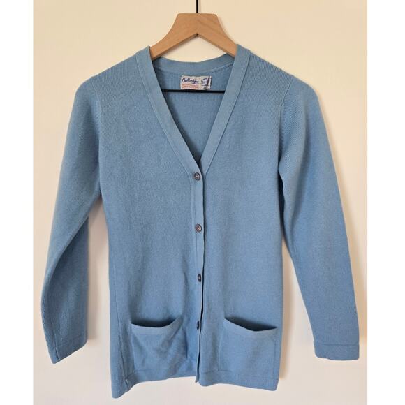 Vintage 70s Ballantyne 100% Cashmere Light Blue Cardigan Sweater Sz 36(Small) - Picture 1 of 3